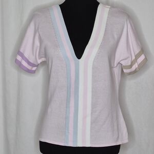 Cotton by Autumn Cashmere Deep V-Neck Short Sleeve Striped Pastel Top - Size L